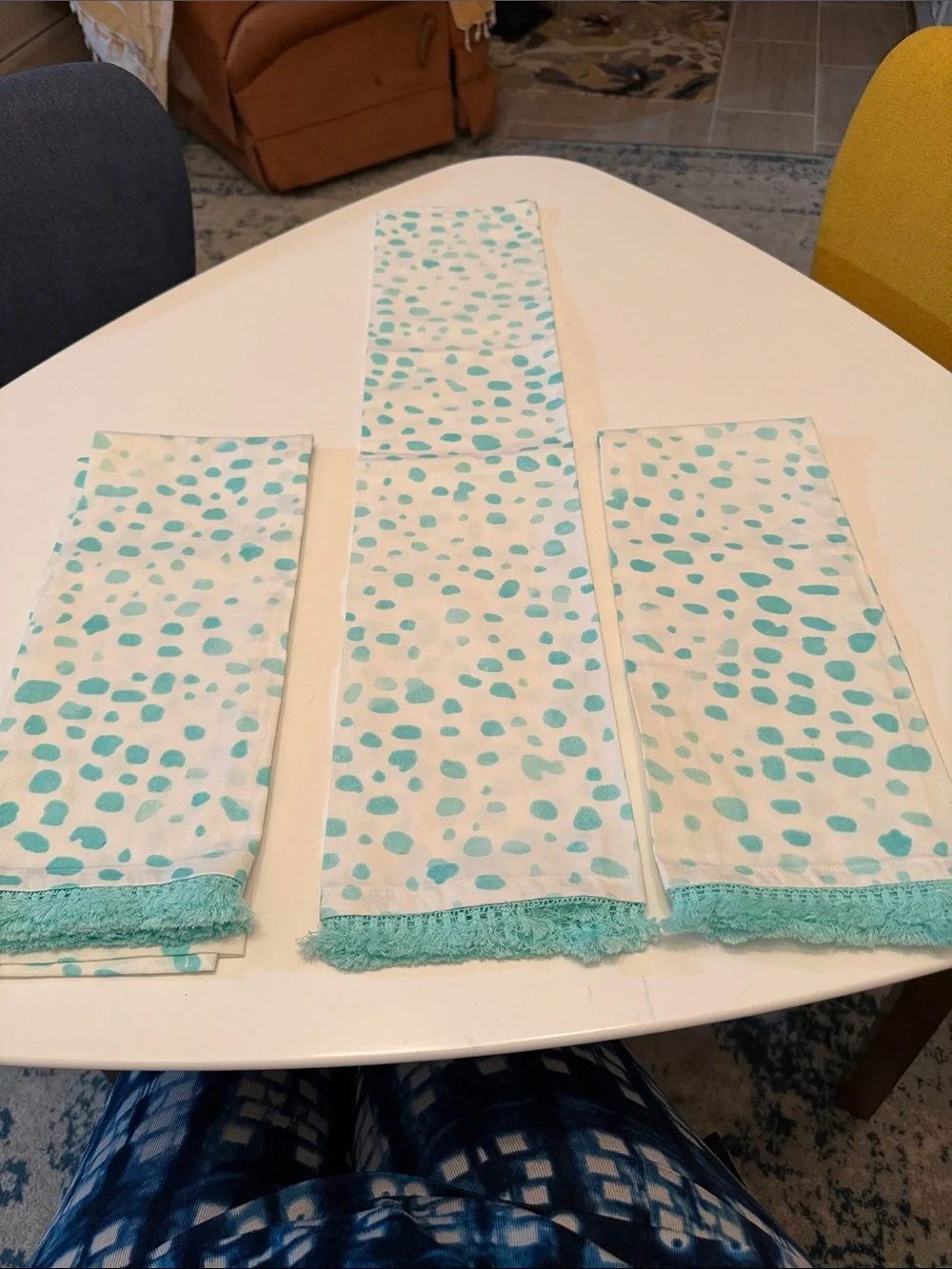 4 green & white fringe cotton tea towels